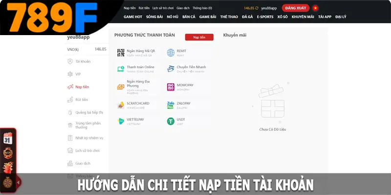 Hướng dẫn chi tiết nạp tiền qua các phương thức tại 789F